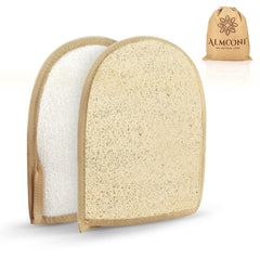 ALMOONI premium exfoliating loofah glove packing highlights gift-ready eco packaging