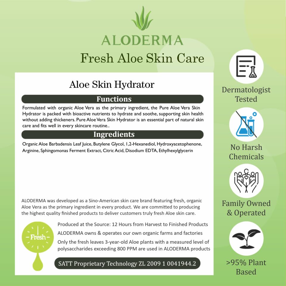 Aloderma Fresh Aloe Vera skin-care routine scene illustrates daily use for face, scalp, and hair.