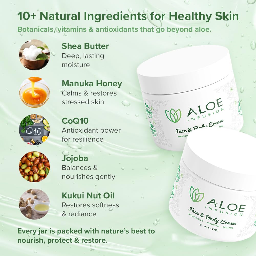 Aloe Infusion cream on arms showing versatile face and body use.