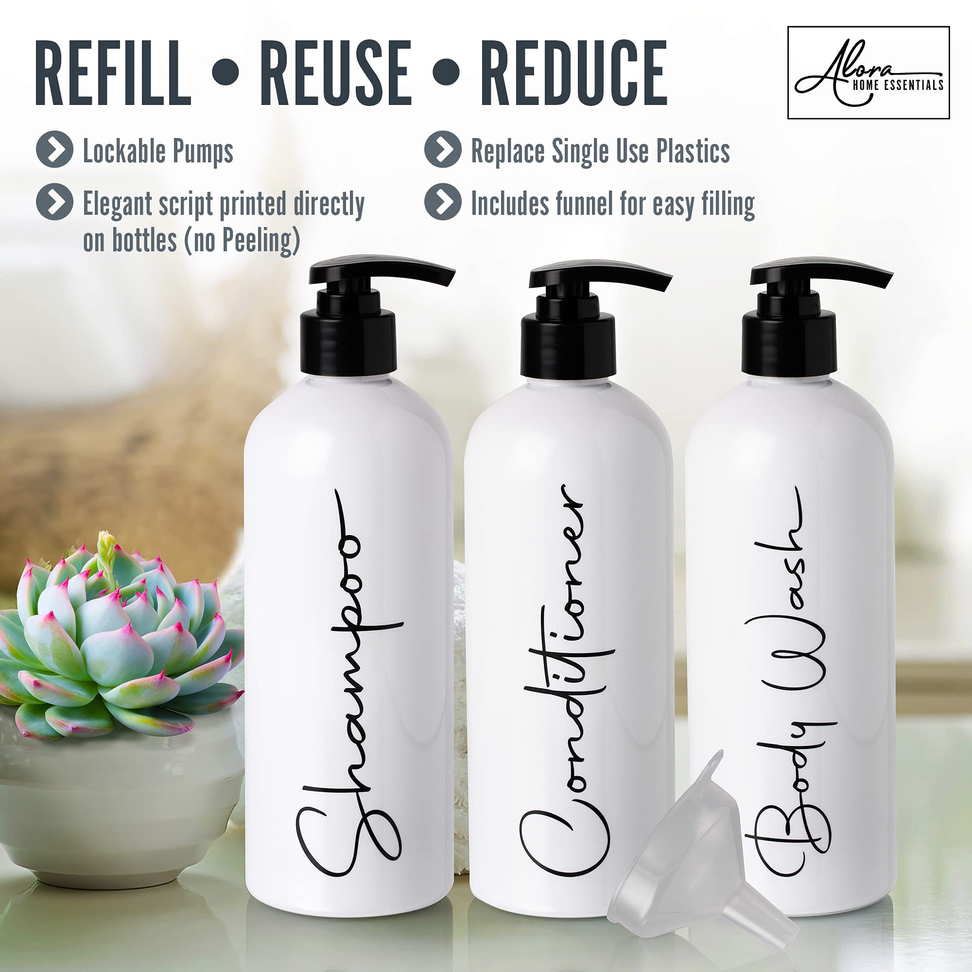 Alora matte white bottles with black script labels on shelves.