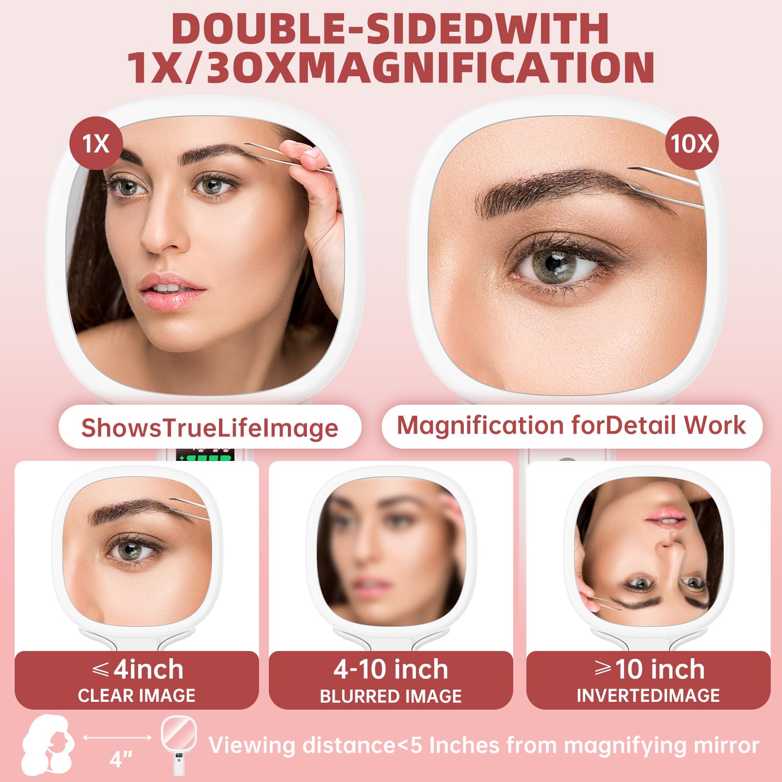 Alovely travel mirror shows 1X magnification for general makeup application.