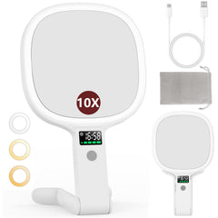 Alovely travel makeup mirror with light on desk for everyday makeup use.