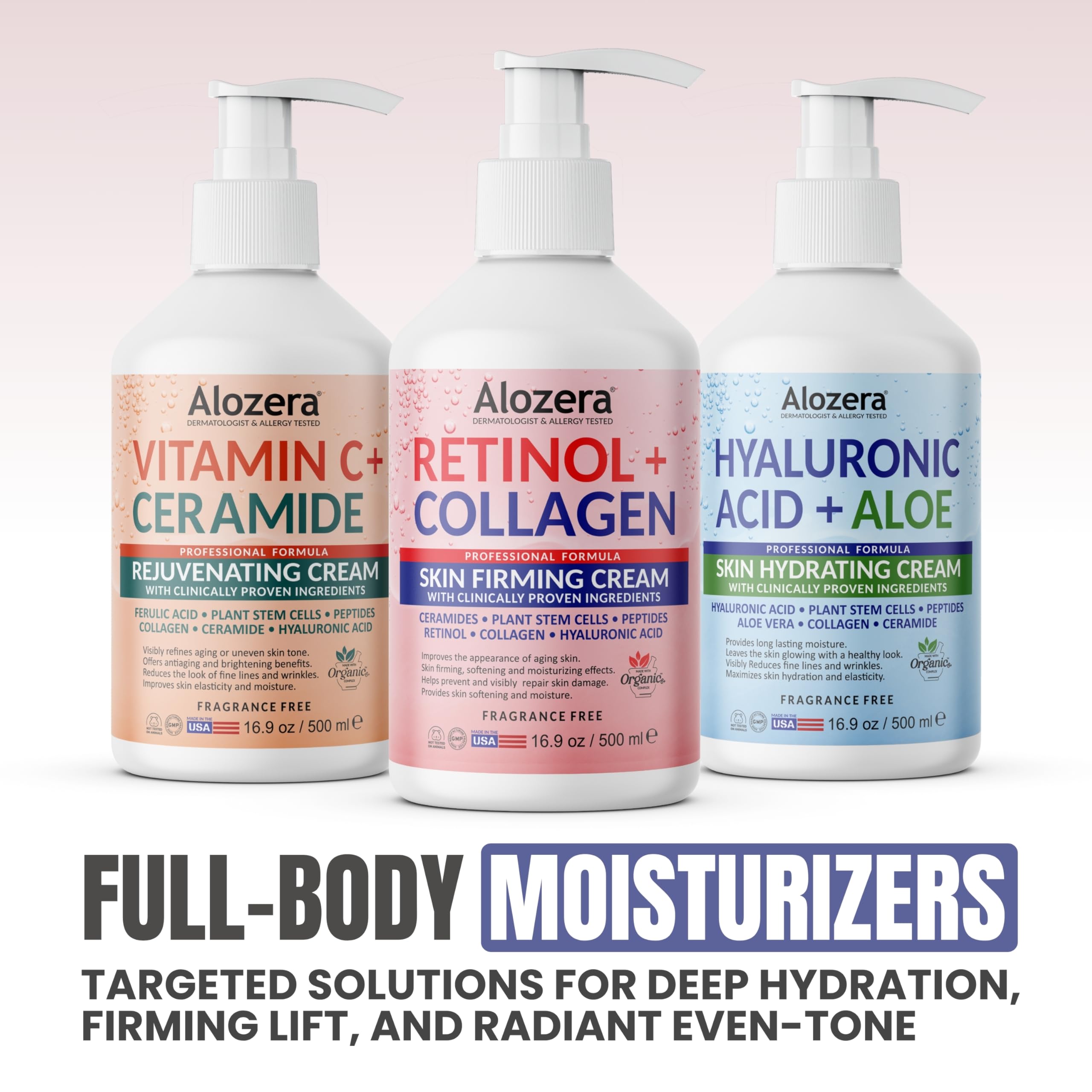 Alozera fragrance-free and hypoallergenic claim emphasized on packaging for sensitive skin care.