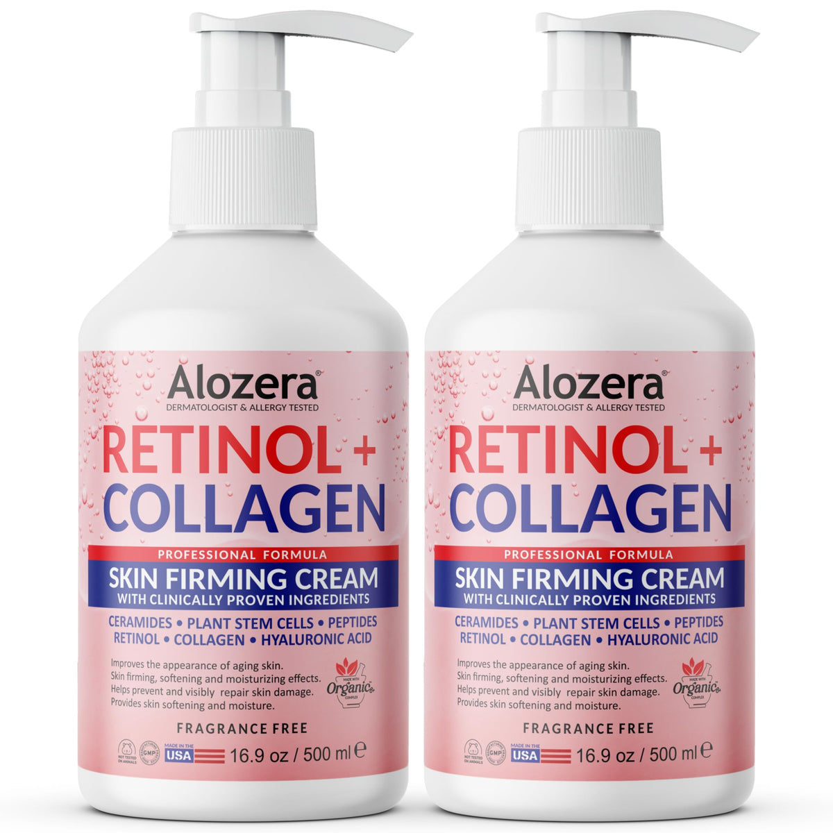 Alozera skin-firming lotion bottle front showing anti-aging formula for firmer skin.