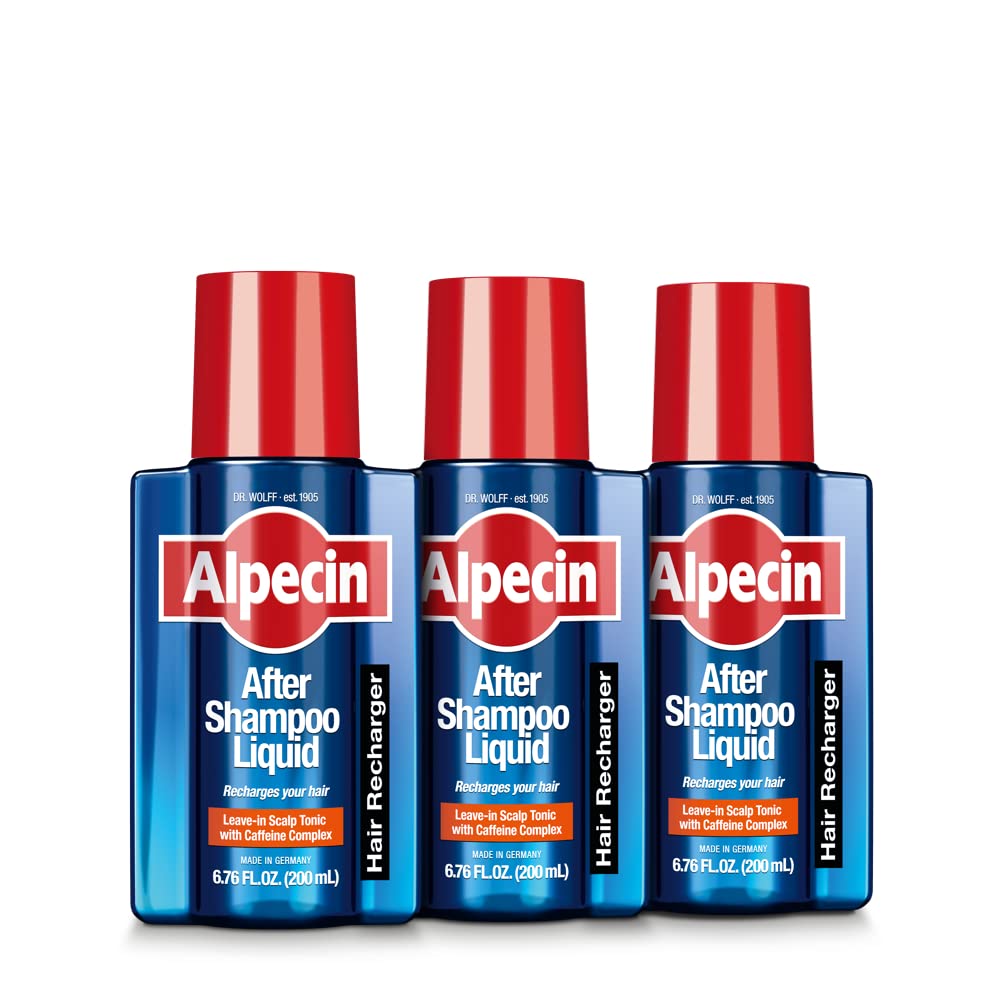 Alpecin After Shampoo liquid bottle closeup highlights caffeine formula for thinning hair support.