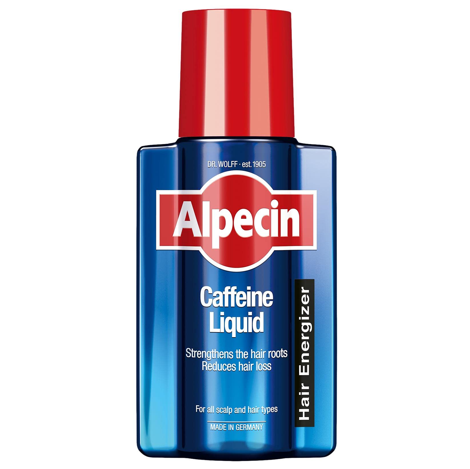 Alpecin After Shampoo bottle close-up showing caffeine infusion for fuller-looking hair