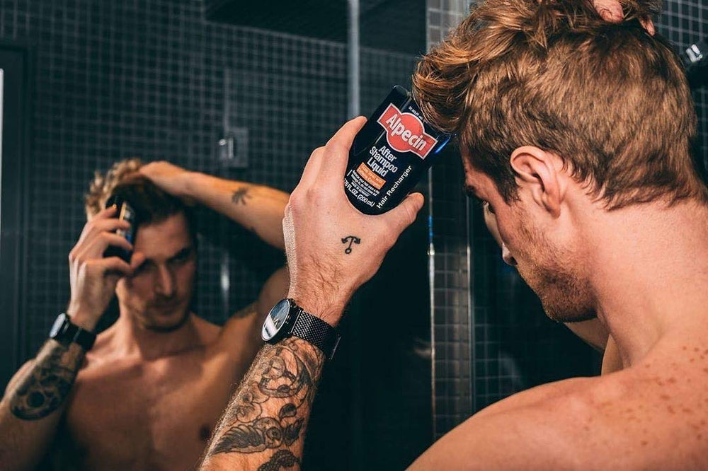 Alpecin After Shampoo caffeine-drop illustrates concentrated caffeine delivery.