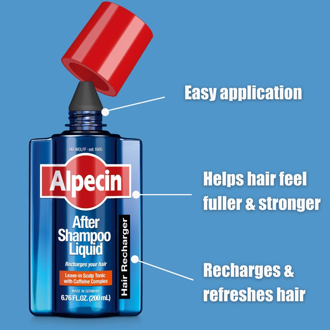 Alpecin After Shampoo daily-use image highlights leave-in caffeine tonic.