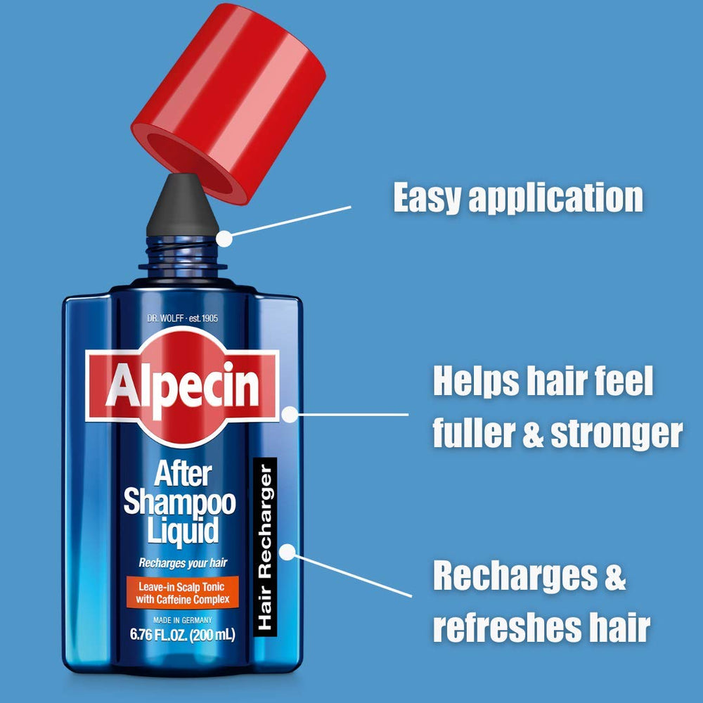 Alpecin After Shampoo daily-use image highlights leave-in caffeine tonic.