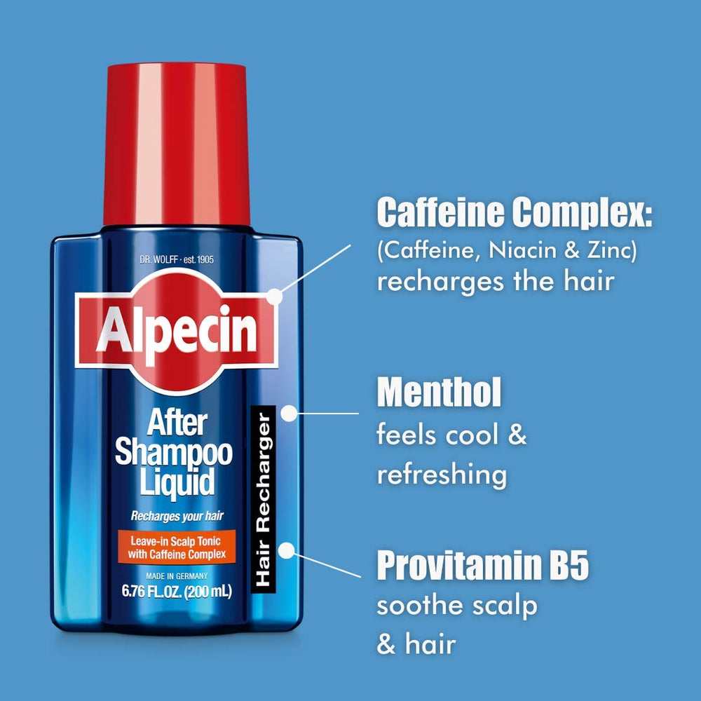 Alpecin After Shampoo label detail emphasizes sulfate-free caffeine formula.