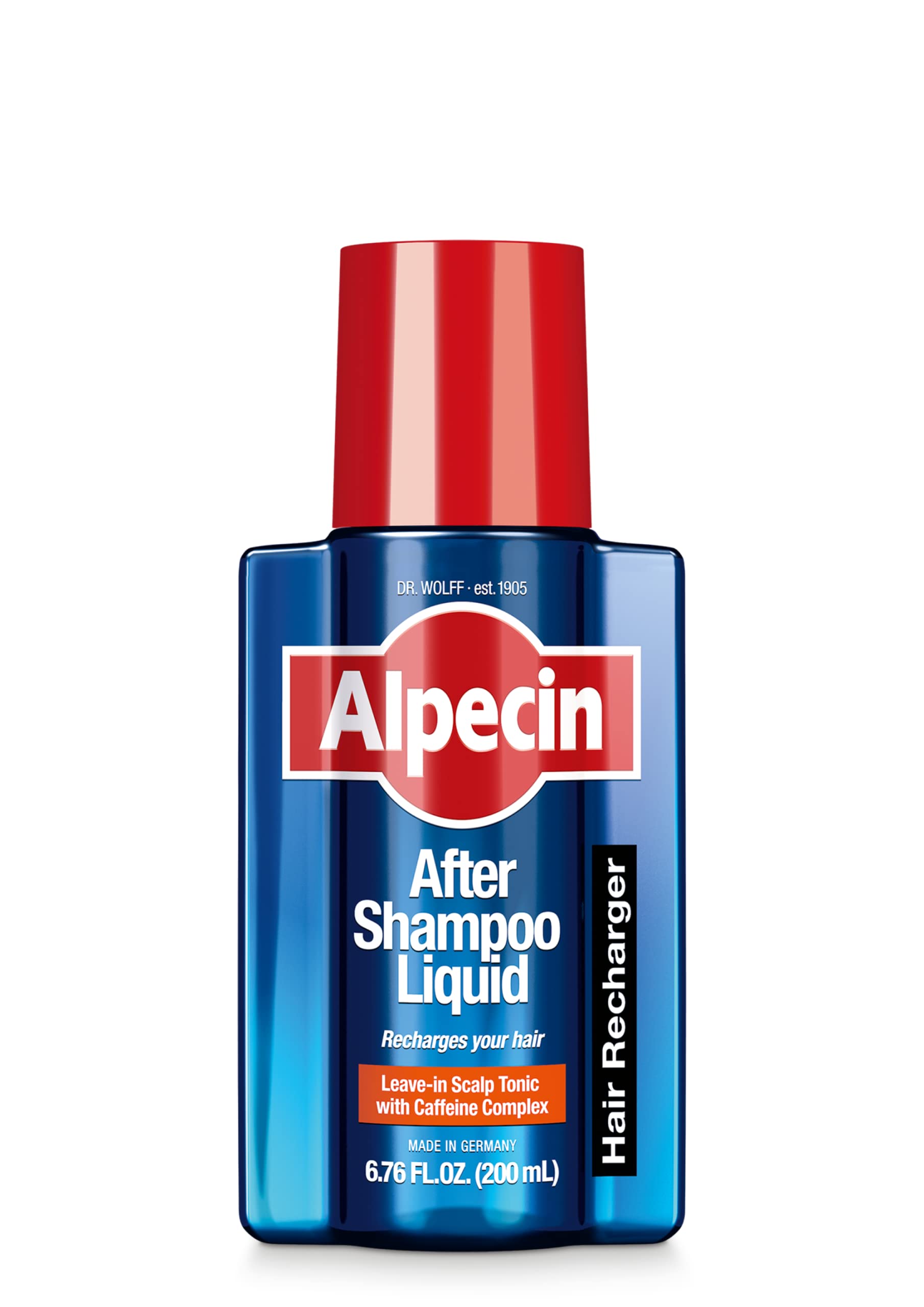 Alpecin After Shampoo liquid pour demonstrates easy application on non-shampoo days.
