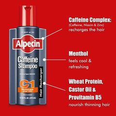 Alpecin C1 bottle pour scene shows caffeine energizing roots.
