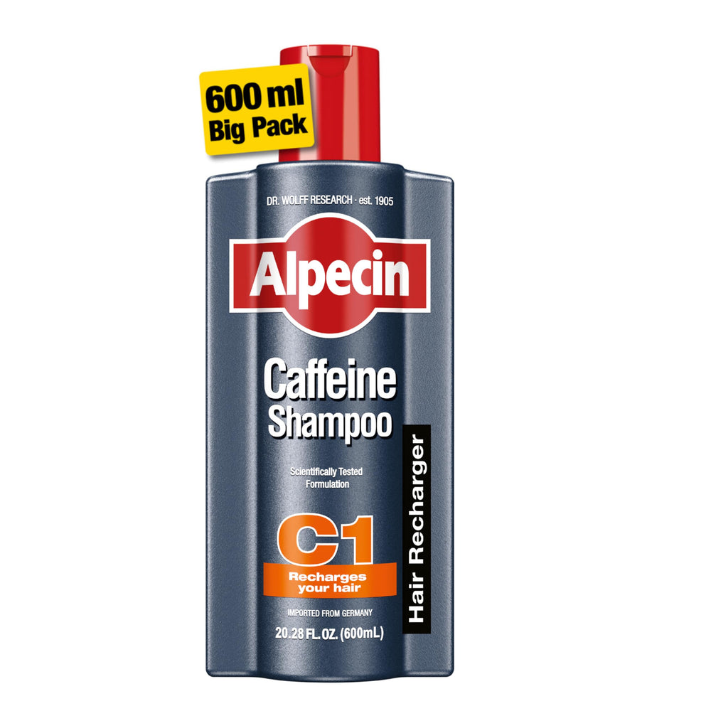 Alpecin C1 caffeine shampoo bottle front showing energizing scalp care messaging.