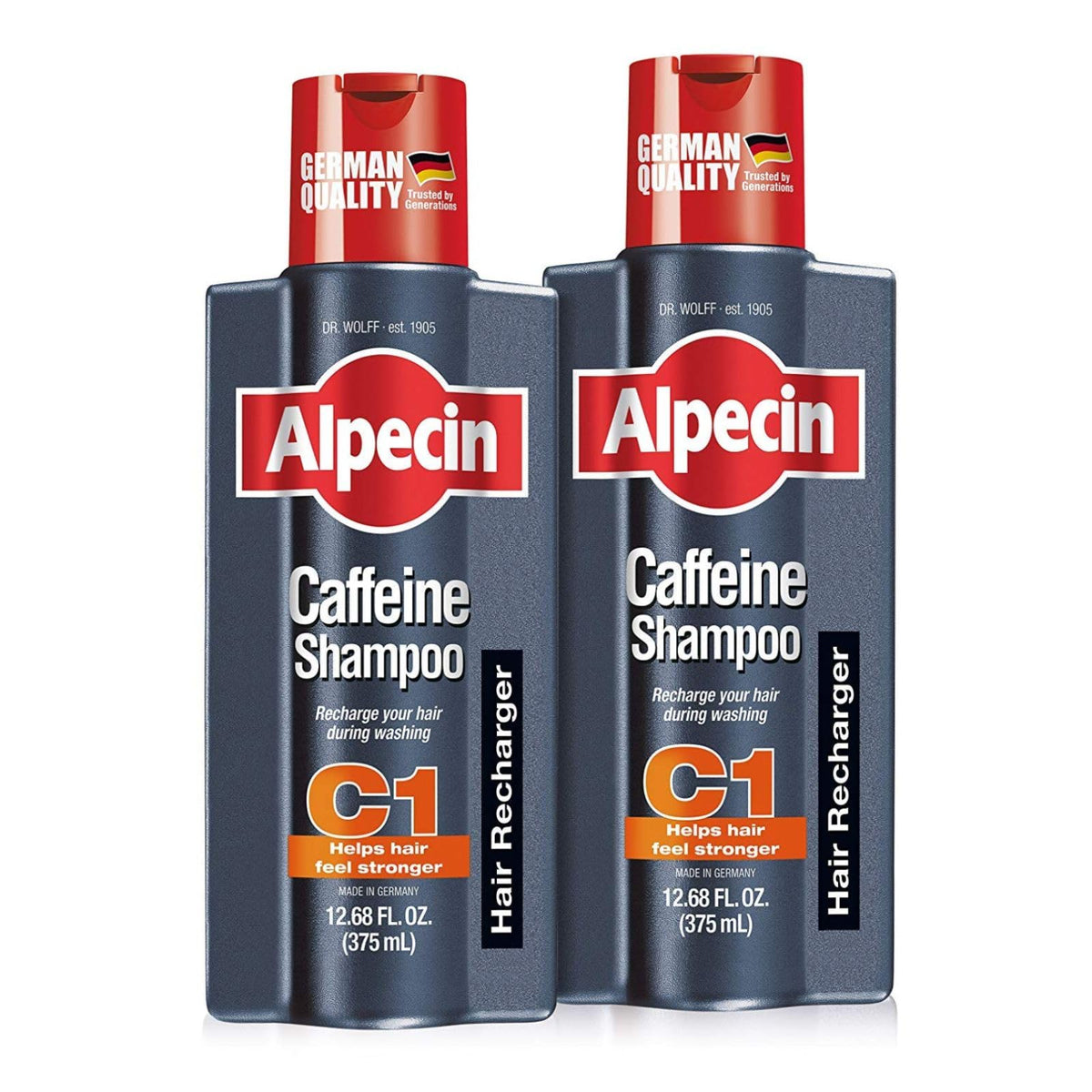 Alpecin C1 bottle pour demonstrates energizing scalp care for a refreshed cleanse.