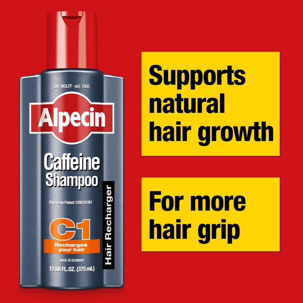 Alpecin C1 shampoo splash at sink highlights easy daily use.
