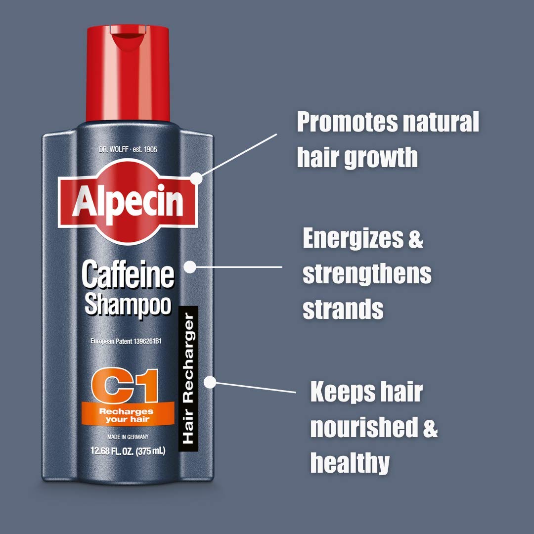 Alpecin Caffeine Shampoo after-use fuller-looking hair and energized strands.