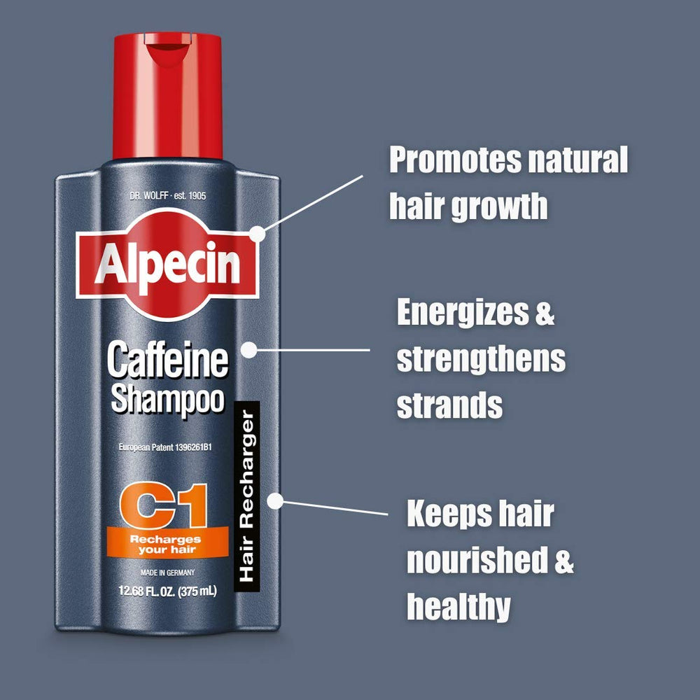 Alpecin Caffeine Shampoo after-use fuller-looking hair and energized strands.