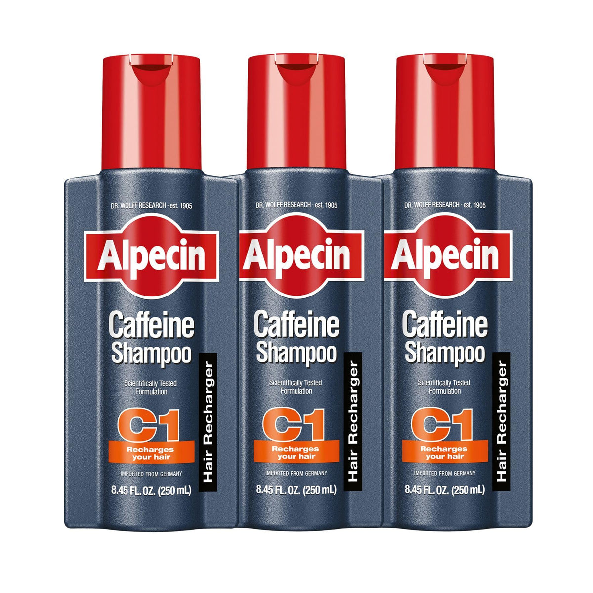Alpecin Caffeine Shampoo bottle close-up showcasing energizing formula for scalp refreshment.