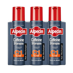 Alpecin Caffeine Shampoo bottle close-up showcasing energizing formula for scalp refreshment.