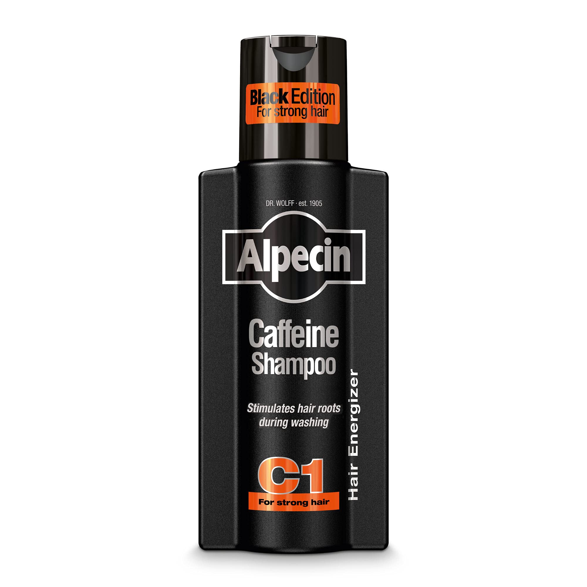 Alpecin C1 Black Edition bottle closeup shows caffeine formula for revitalizing the scalp.