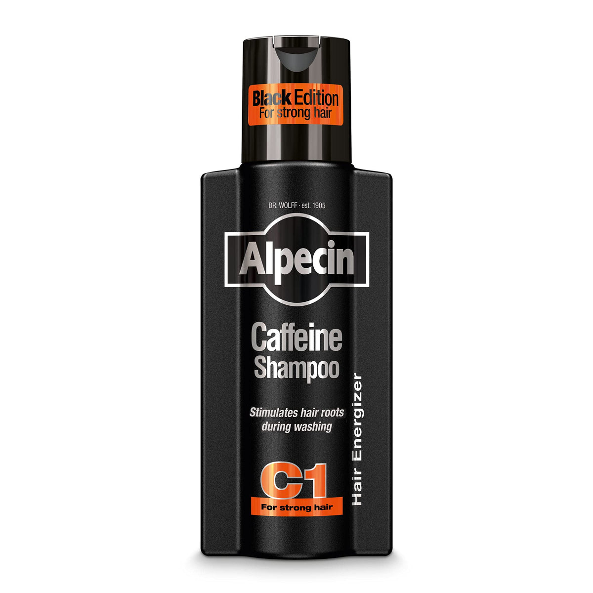 Alpecin C1 Black Edition bottle closeup shows caffeine formula for revitalizing the scalp.
