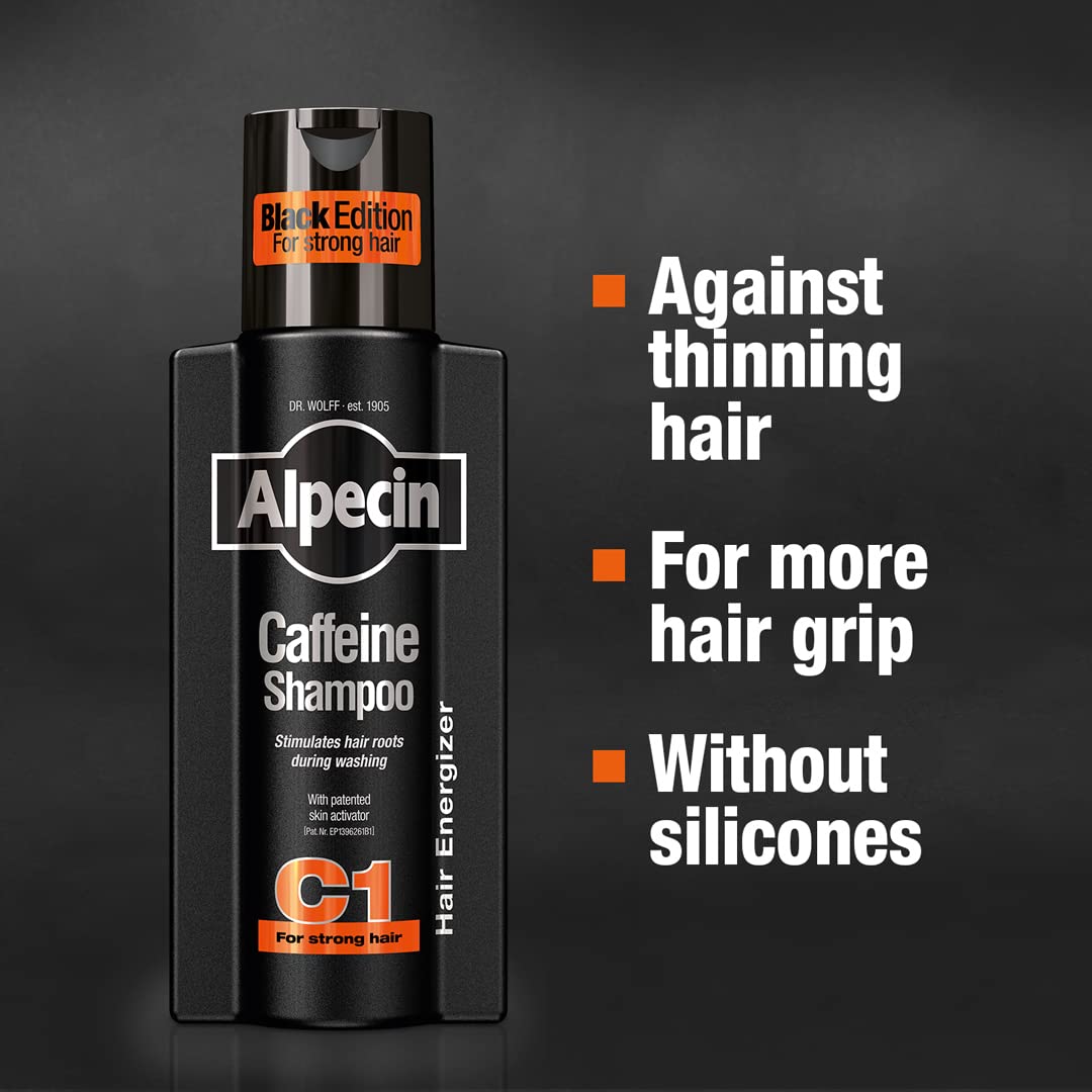 Alpecin C1 Black Edition bottle pour demonstrates quick-dispense caffeine boost for daily use.