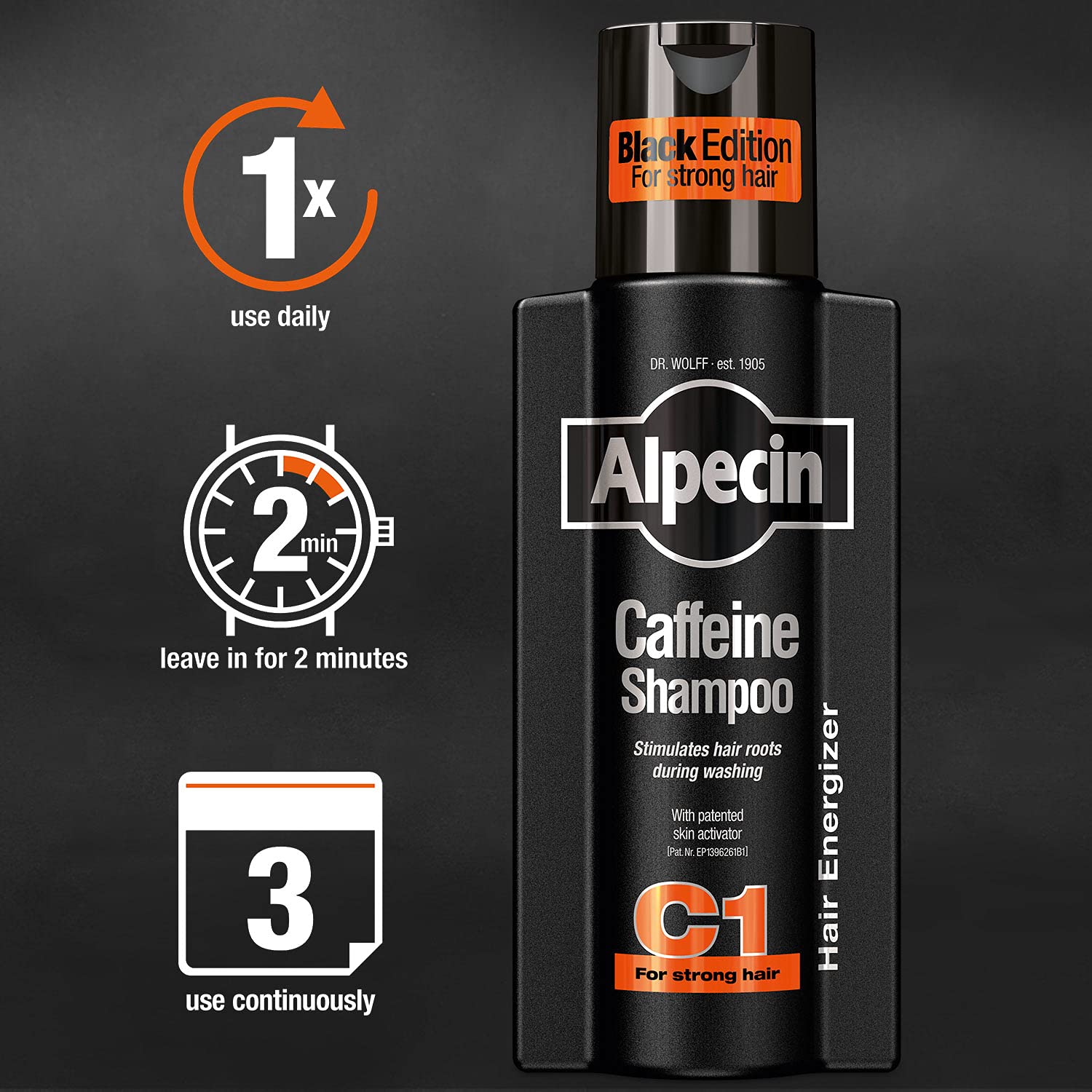 Alpecin C1 Black Edition scalp-application demonstrates cooling sensation and nutrient delivery.