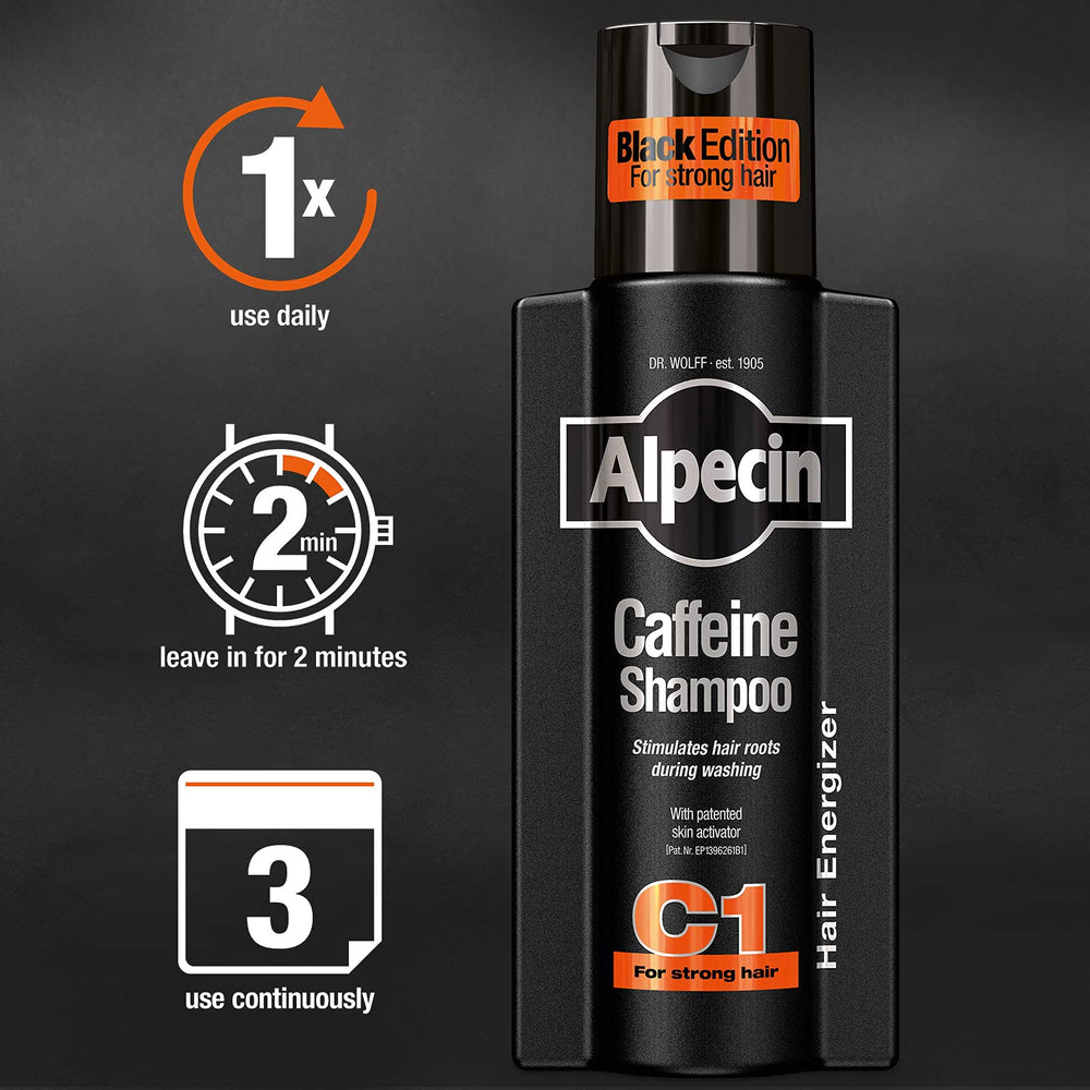 Alpecin C1 Black Edition scalp-application demonstrates cooling sensation and nutrient delivery.