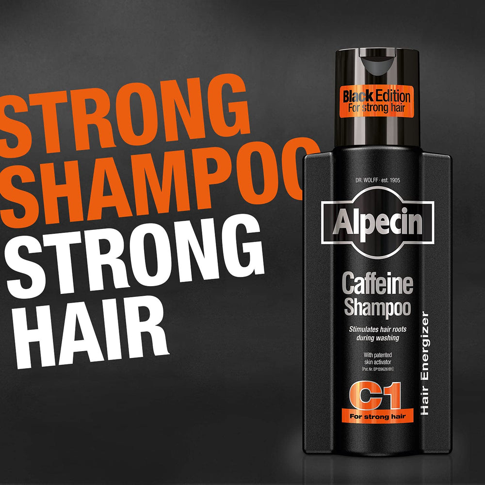 Alpecin C1 Black Edition usage scene suggests a 2-minute left-on treatment for caffeine penetration.