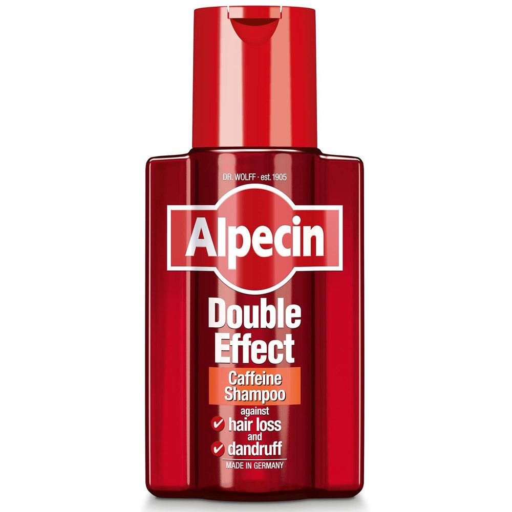 Alpecin Double Effect Shampoo bottle side view highlights gentle dandruff management in a daily routine