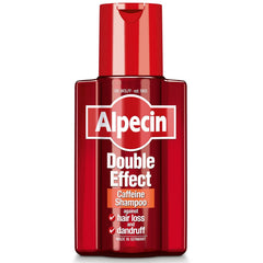 Alpecin Double Effect Shampoo bottle side view highlights gentle dandruff management in a daily routine