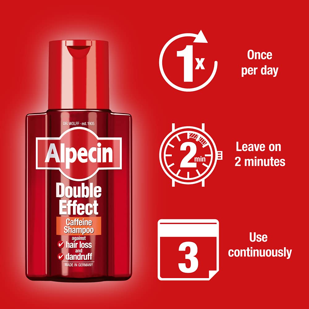 Alpecin Double Effect Shampoo packaging flat lay emphasizes compact 200ml bottle and user-ready design