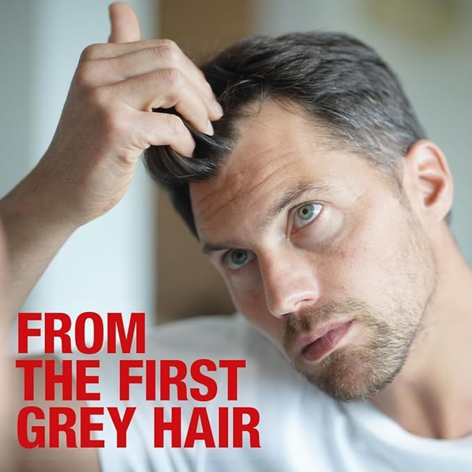 Alpecin Gray Attack close-up of gray hair strands showing coverage.