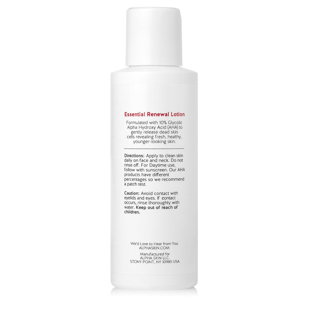 Alpha Essential Renewal Lotion ingredients panel notes vitamins supporting healthy-looking skin