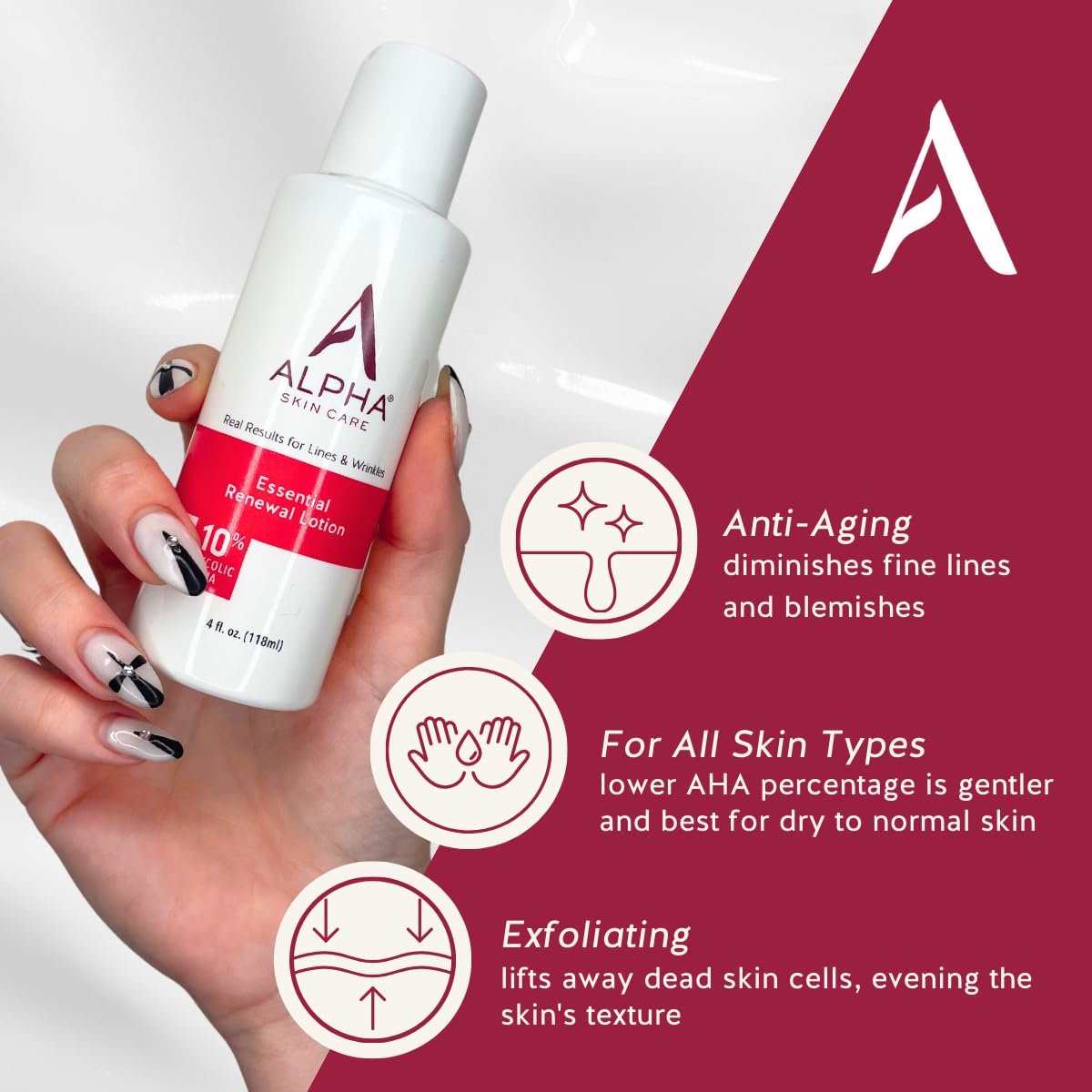 Alpha Essential Renewal Lotion packaging highlights paraben-free, pH-balanced formula