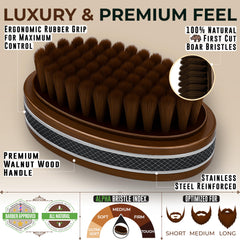 Alpha Organics beard brush ergonomic rubber grip enables precise styling and comfort