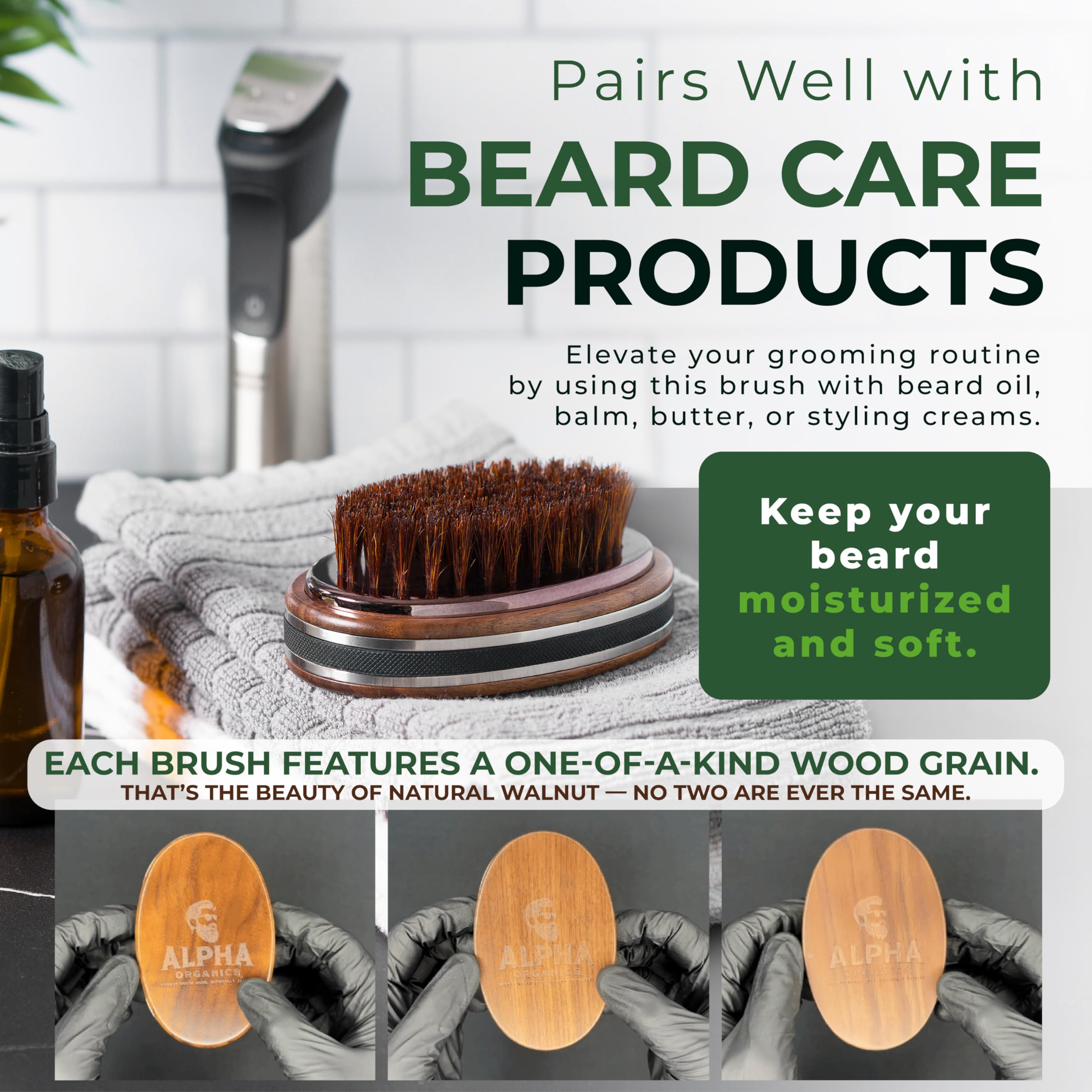 Alpha Organics beard brush in shower use for quick grooming