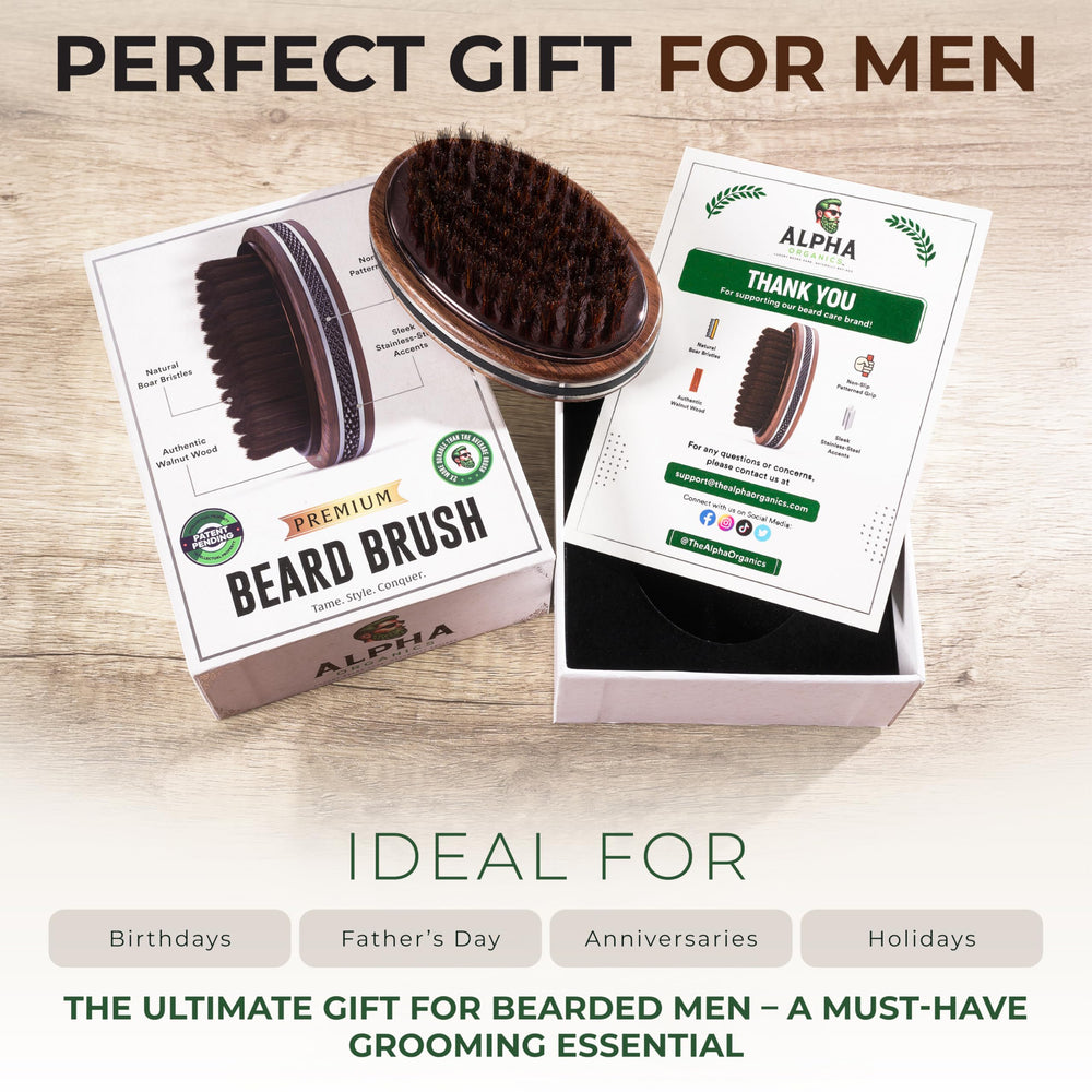 Alpha Organics beard brush demonstrating even oil distribution across beard