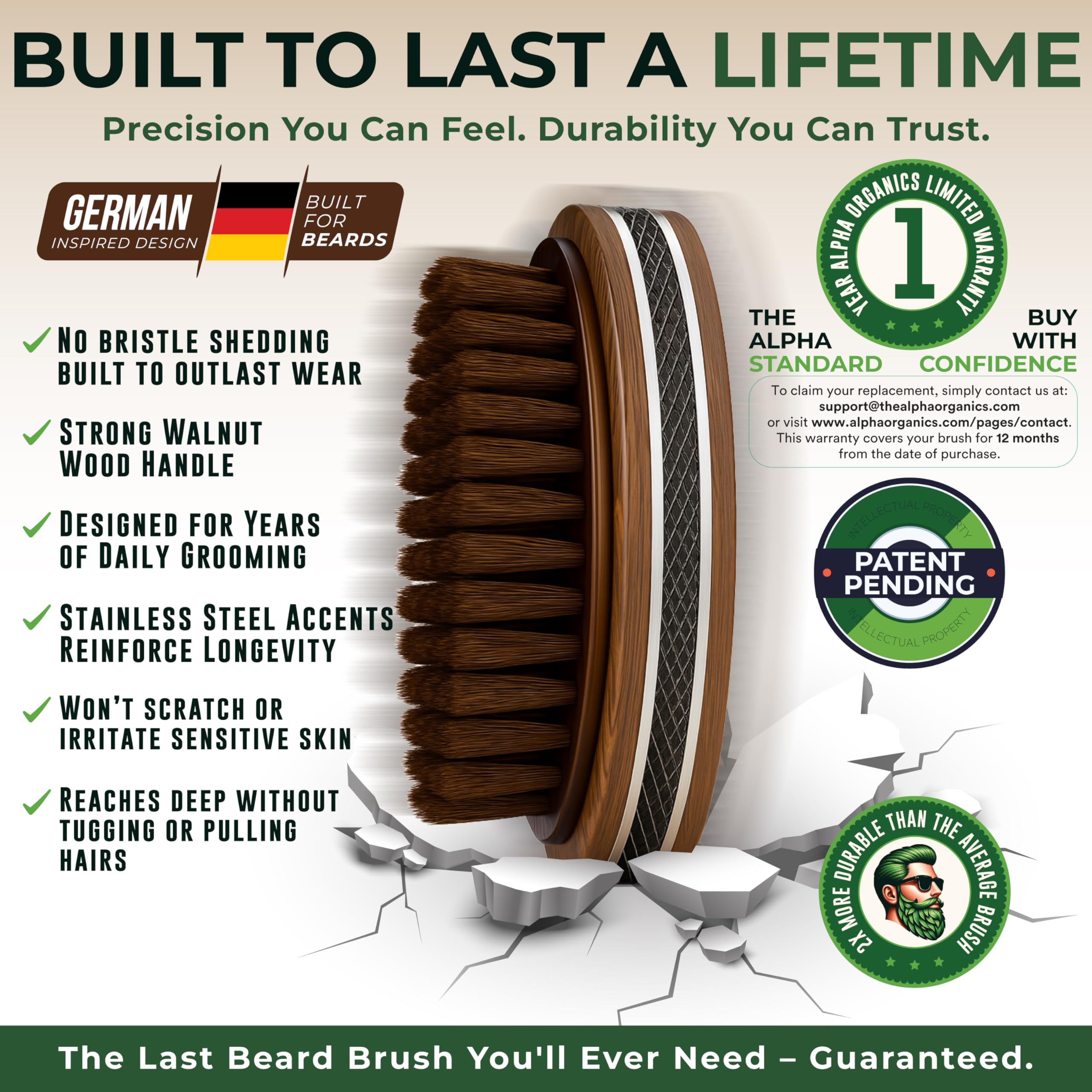Alpha Organics walnut wood handle with stainless steel accents for durable grooming