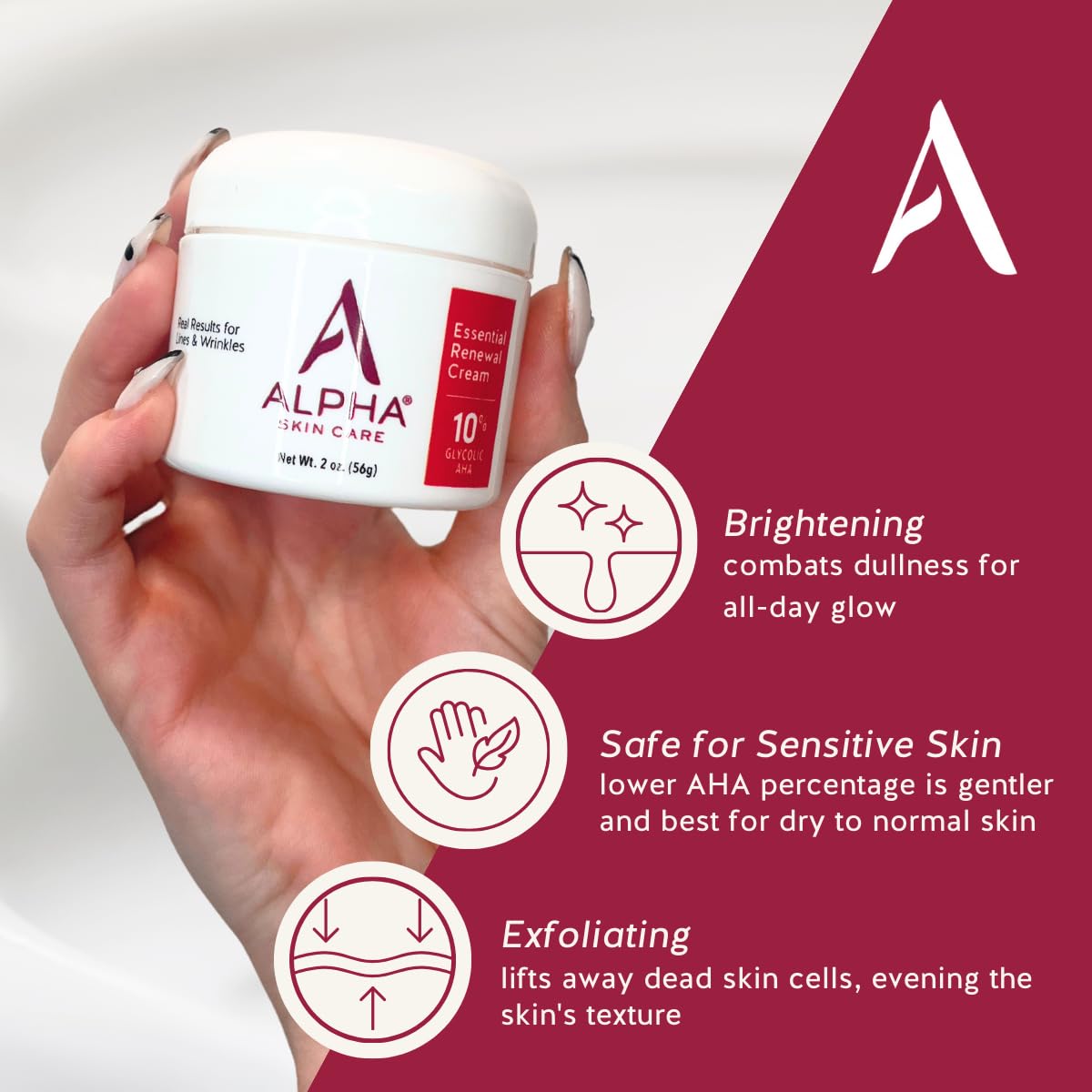 Alpha Skin Care 10pct glycolic aha bottle demonstrates exfoliating formula for brighter tone