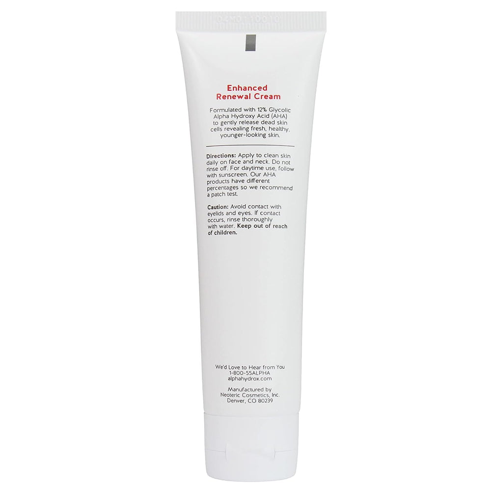Alpha Skin Care Enhanced Renewal Cream packaging shows 2 oz size for travel-friendly use.