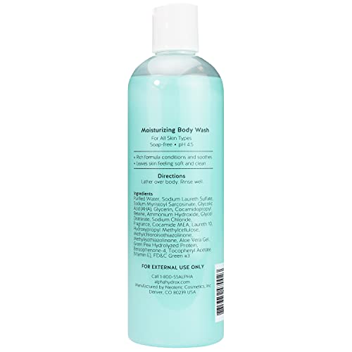 Glycolic AHA action close-up with Alpha Skin Care branding, promoting exfoliation for smoother skin.