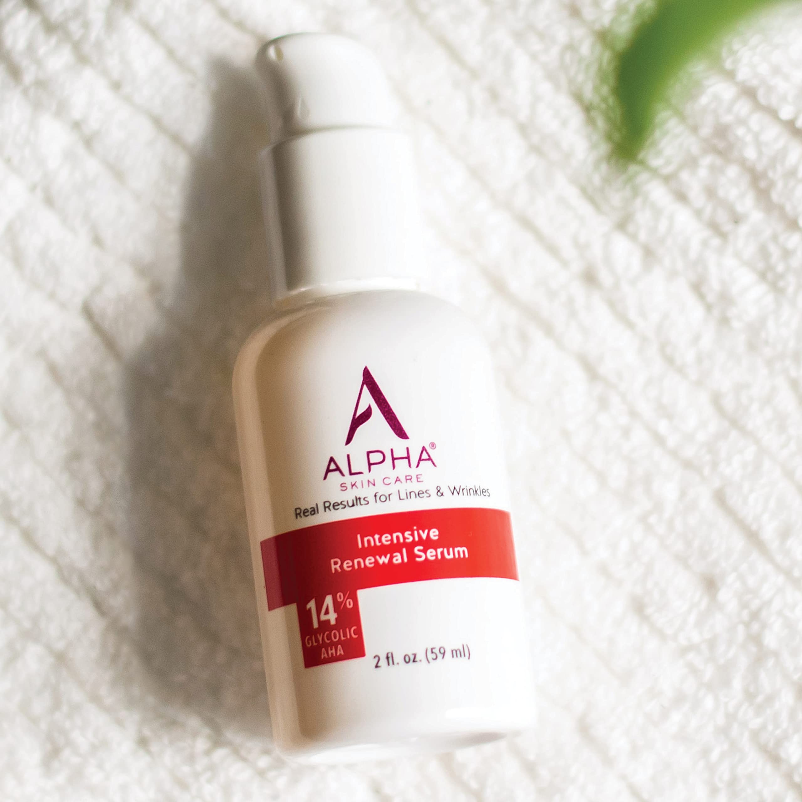 Alpha Skin Care Renewal Serum packaging highlights fragrance-free, paraben-free formula for sensitive skin.