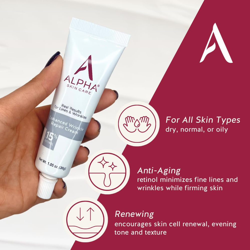 Alpha Skin Care vitamin-rich formula bottle highlights vitamins A, C and E