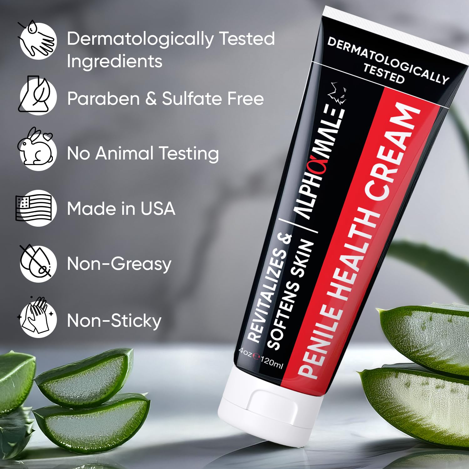 AlphaMale Premium Penile Health Cream fragrance-free-label signals gentle care for sensitive skin.