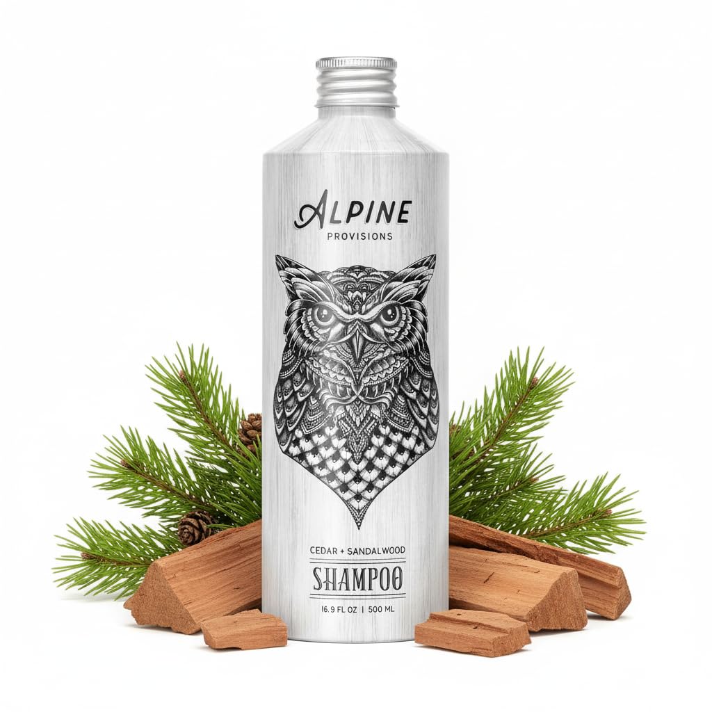 Alpine Provisions Cedar & Sandalwood shampoo bottle showing hydration-friendly formula