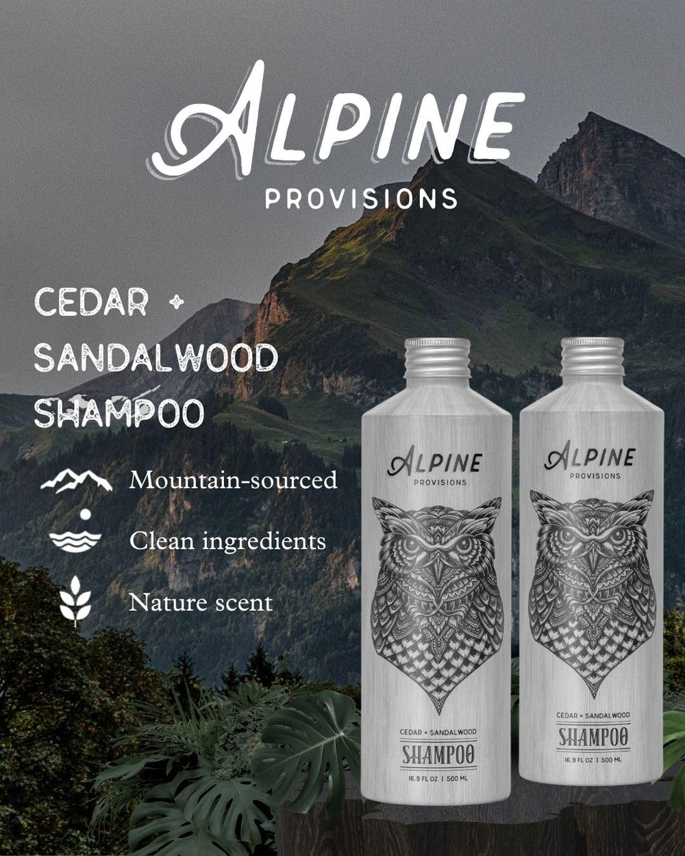 Alpine Provisions Cedar & Sandalwood shampoo label closeup highlighting essential oils and vegan formula