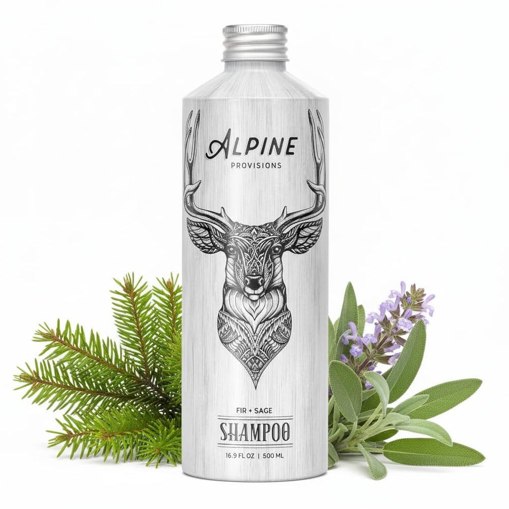 Alpine Provisions fir-sage organic shampoo bottle front offers a refreshing daily cleanse.