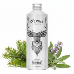 Alpine Provisions fir-sage organic shampoo bottle front offers a refreshing daily cleanse.