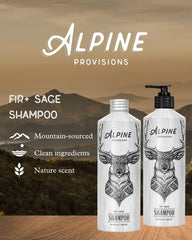Alpine Provisions fir-sage organic shampoo label closeup highlights natural ingredients for healthier scalp.